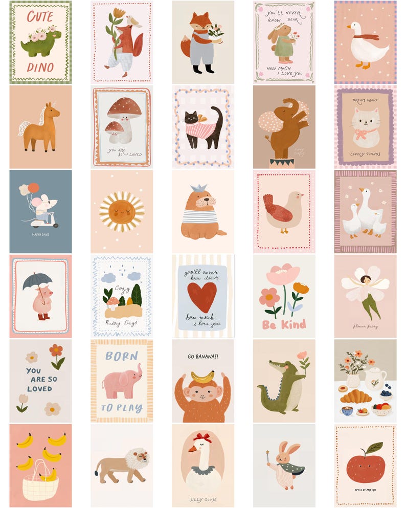 Pode incluir: Uma cole&ccedil;&atilde;o de estampas art&iacute;sticas caprichosas com v&aacute;rios animais e ilustra&ccedil;&otilde;es. As estampas apresentam um dinossauro, raposa, coelho, gato, elefante, rato e mais. Cada estampa tem um design &uacute;nico com cores suaves e detalhes encantadores, ideal para decora&ccedil;&atilde;o infantil.