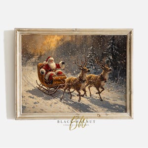 Printable Vintage Christmas Santa Print, Santa Claus Sleigh Wall Art Painting, Rustic Christmas Farmhouse, Holiday Decor, Digital Print