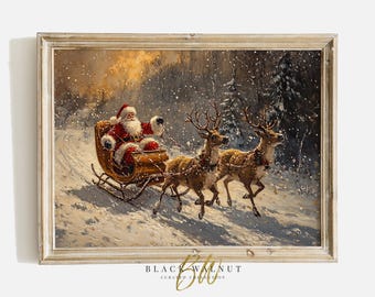Wydrukowany Vintage Christmas Santa Print, Santa Claus Sleigh Wall Art Painting, Rustykalny świąteczny dom wiejski, Dekoracje świąteczne, Wydruk cyfrowy