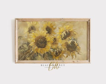 May include: A framed painting of a bouquet of sunflowers in shades of yellow and brown. The sunflowers are arranged in a vase and the background is a light beige.