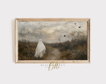 Ghost Frame TV Art Vintage Field Ghost with Crows Moody Meadow Painting, Samsung Frame TV Halloween Decor Rustic Fall TV Screensaver Digital
