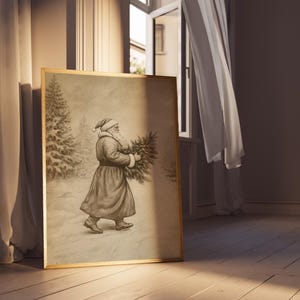 May include: A framed black and white illustration of Father Christmas carrying a Christmas tree. The illustration is set against a snowy background with trees in the distance.
