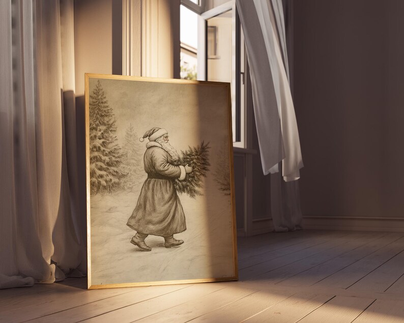 May include: A framed black and white illustration of Father Christmas carrying a Christmas tree. The illustration is set against a snowy background with trees in the distance.