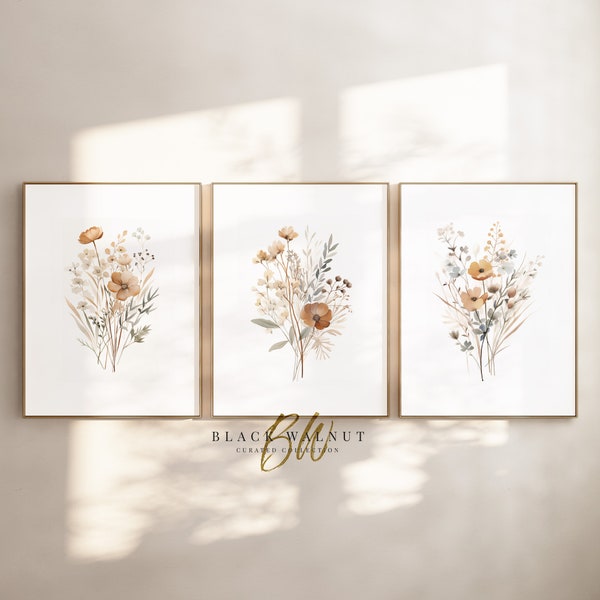 Art de fleurs sauvages imprimable, ensemble de fleurs à l’aquarelle de 3 estampes, impressions numériques de fleurs de Boho botaniques neutres, triptyque, esthétique neutre