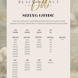 May include: A sizing guide for digital prints of black walnut wood. The guide shows the different sizes and ratios available, including inches and centimeters. The largest size is 24x36 inches or 60x90 cm.