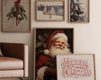 Conjunto de impressões de Natal, conjunto de arte de parede para o feriado de inverno, conjunto de galeria de parede vintage de Natal para impressão com 5 impressões, decoração de feriado, impressões digitais