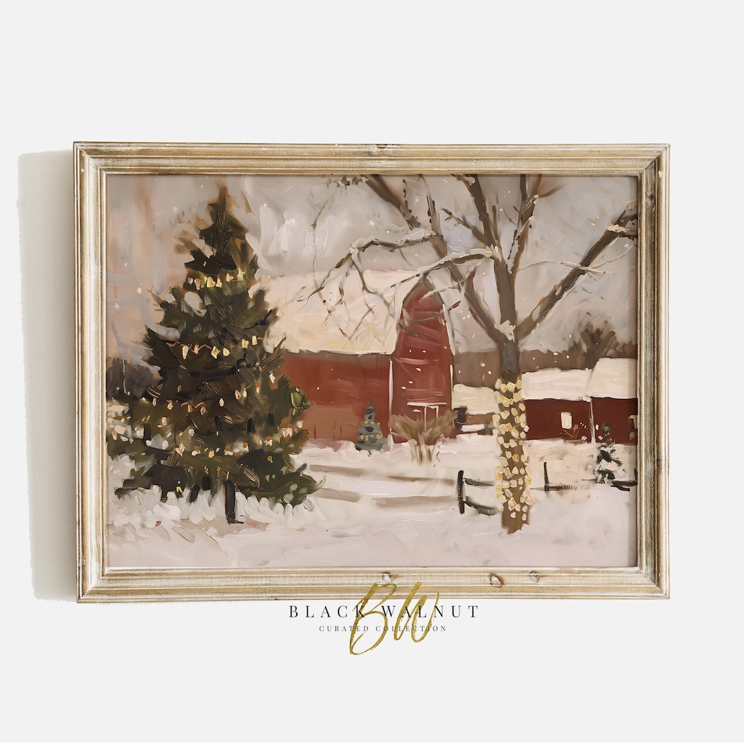 Printable Winter Landscape, Rustic Red Barn Farm Christmas Scene Wall ...
