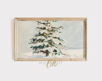 Árbol de Navidad en tonos pastel con marco para TV, árbol colorido en paisaje nevado, marco para TV Samsung de invierno, decoración navideña moderna, descarga digital