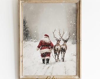 Digital Santa Reindeer Print, Christmas Wall Art, Snowy Winter Painting, Santa Claus Printable Wall Art, Holiday Decor