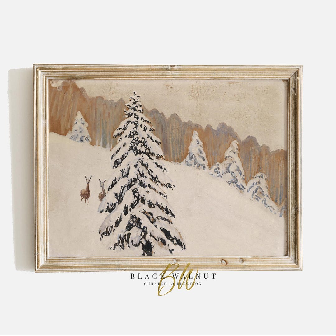 Vintage Winter Forest Landscape Painting With Deer, Neutral Wall Art ...