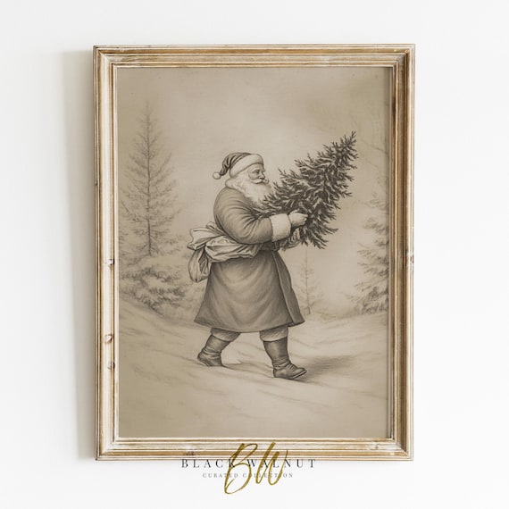 Printable Vintage Santa Print, Santa Clause Drawing, Digital Winter Sketch, Neutral Holiday Drawing, Winter Wall Art, Minimalist Print