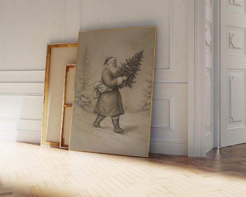 Może przedstawiać: Winietkowe czarno-białe ilustracje mężczyzny ubranego w Świętego Mikołaja niosącego choinkę. Ilustracja jest oprawiona w złotą ramę i wisi na białej ścianie.