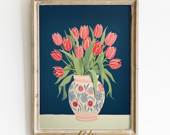 Tulips Digital Print, Grandmillennial Aesthetic Maximalist Coquette Room Decor Eclectic Wall Art Gallery Print, Printable Still Life
