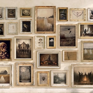 May include: A gallery wall arrangement featuring twenty-two framed prints with a dark, atmospheric theme. The collection includes illustrations of ghosts, skeletons, witches, spiders, and haunted landscapes, all encased in ornate gold and silver frames.