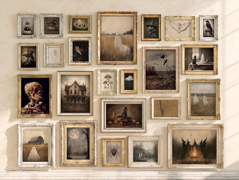 May include: A gallery wall arrangement featuring twenty-two framed prints with a dark, atmospheric theme. The collection includes illustrations of ghosts, skeletons, witches, spiders, and haunted landscapes, all encased in ornate gold and silver frames.