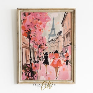 May include: A painting of a Parisian street scene with pink cherry blossoms, the Eiffel Tower in the background, and women in pink and black dresses walking down the street.