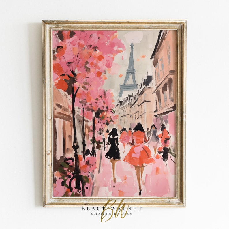 May include: A painting of a Parisian street scene with pink cherry blossoms, the Eiffel Tower in the background, and women in pink and black dresses walking down the street.