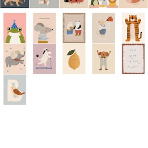 May include: A collection of whimsical animal illustrations on rectangular cards. The artwork features a lion, ladybug, frog, mouse, panda, tiger, elephant, zebra, lemon, dog, fish, and owl. Each animal is depicted in a playful style, with soft colors and simple lines, suitable for nursery decor.