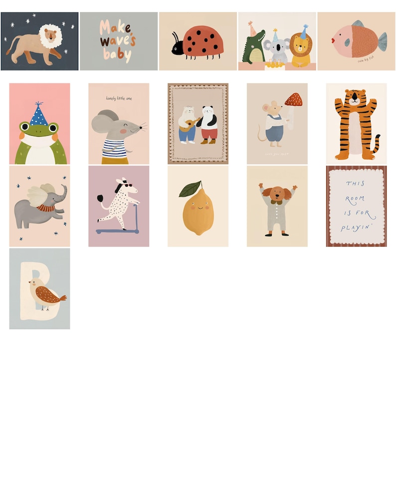 May include: A collection of whimsical animal illustrations on rectangular cards. The artwork features a lion, ladybug, frog, mouse, panda, tiger, elephant, zebra, lemon, dog, fish, and owl. Each animal is depicted in a playful style, with soft colors and simple lines, suitable for nursery decor.