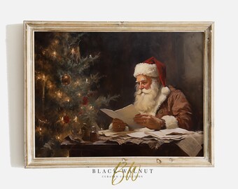 Vintage Santa Printable Wall Art, Santa Claus Reading Painting, Old World Christmas Rustic Farmhouse Holiday Decor, Winter Digital Print