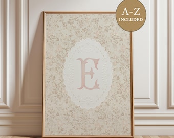Initial Wall Art, Neutral Floral Girl Nursery Decor, Vintage Monogram Initial Print, Cottagecore Alphabet Digital Print