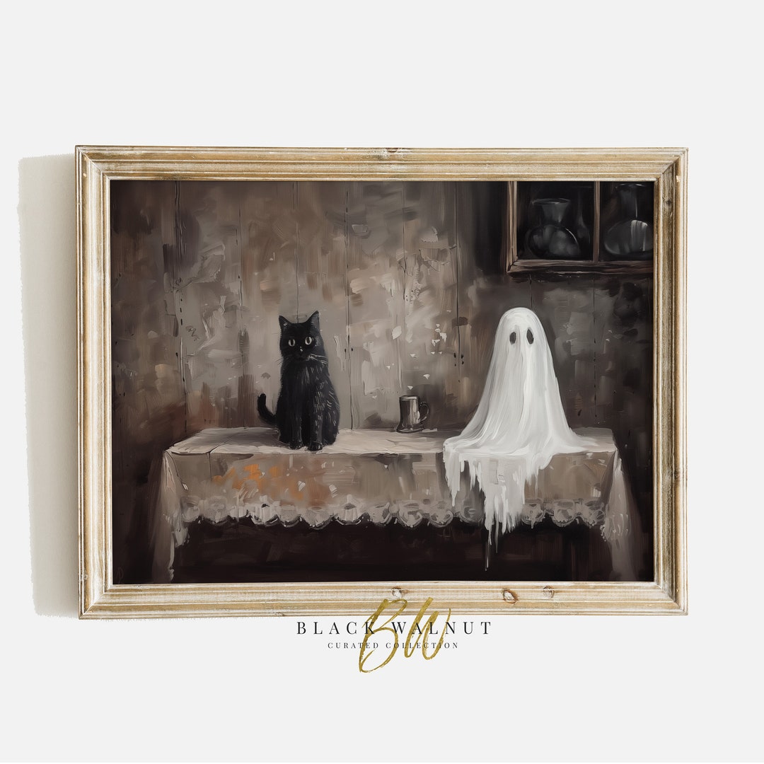 Ghost Black Cat Halloween Wall Art Print, Printable Vintage Style ...