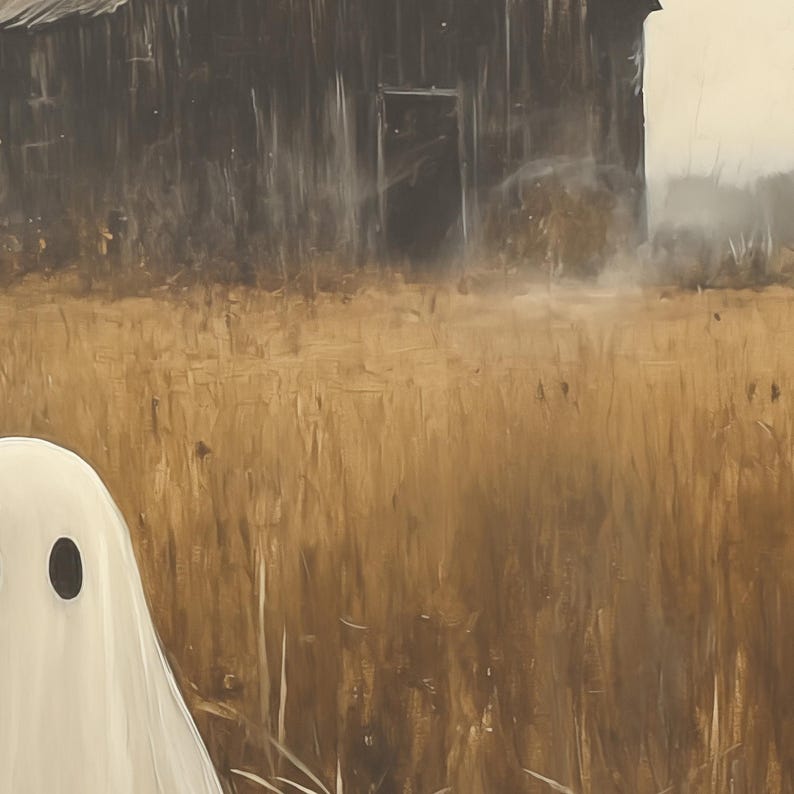 May include: A white ghost with a single black eye stands in a field of tall, dry grass in front of a weathered wooden barn.