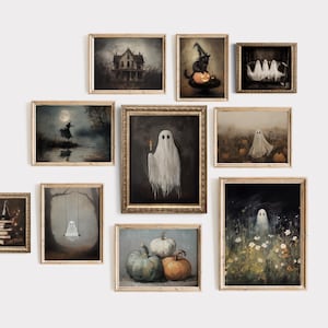 May include: A gallery wall arrangement of ten framed art prints featuring Halloween themes. The collection includes illustrations of a haunted house, a black cat, ghosts, pumpkins, a witch, and a stack of books, all enclosed in ornate gold frames.