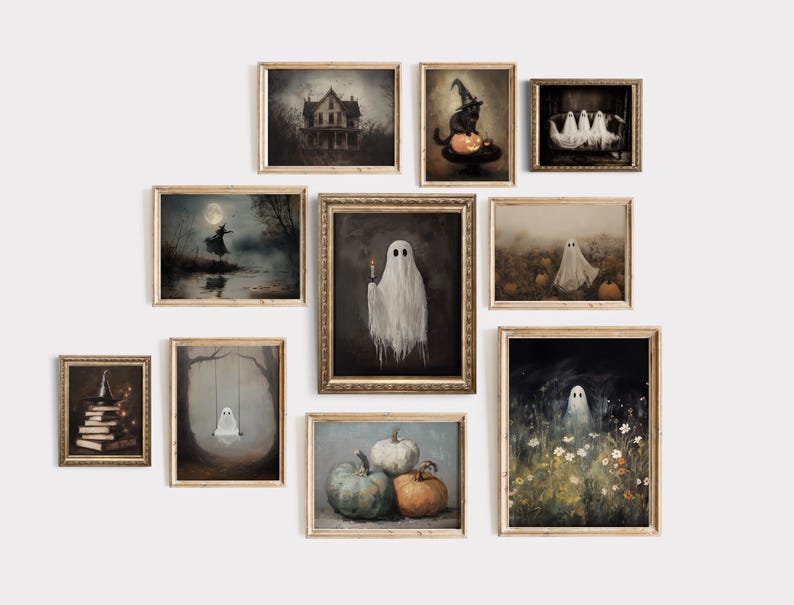 May include: A gallery wall arrangement of ten framed art prints featuring Halloween themes. The collection includes illustrations of a haunted house, a black cat, ghosts, pumpkins, a witch, and a stack of books, all enclosed in ornate gold frames.