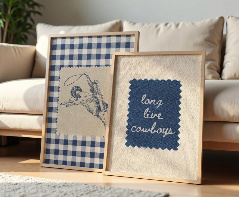 May include: Two framed art prints with a Western theme. One features a cowboy on a bucking bronco, the other reads "long live cowboys" in script. The frames are light wood, and the backgrounds are blue and white gingham and natural linen.