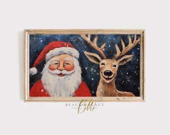 May include: A painting of Santa Claus and a reindeer against a dark blue background with white snowflakes. Santa is wearing a red suit with a white beard and a red hat. The reindeer is brown with antlers and a white nose.