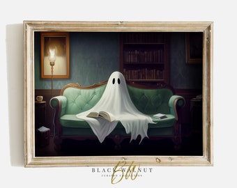 Halloween Ghost Wall Art Print, Cute Ghost Reading, Book Lover Decor, Spooky Ghost on Couch Vintage Style Painting Cottagecore Decor Digital
