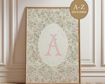 Initial Wall Art, Vintage Floral Girl Nursery Decor, Sage Green and Pink Monogram Initial Print, Cottagecore Alphabet Digital Print