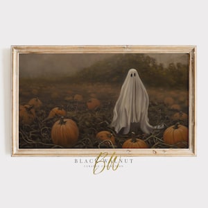 May include: A framed vintage-style painting depicts a ghost standing in a pumpkin patch. The ghost is draped in a white sheet, and the pumpkins are orange. The artwork has a rustic, antique aesthetic, perfect for Halloween decor.