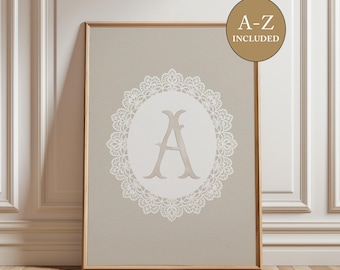 Initial Wall Art Vintage Lace Monogram Print, Antique Alphabet Digital Print, Girl Nursery Decor, Printable Wall Art, Letter Digital Print