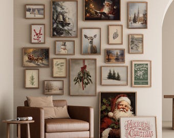 Impressões de Natal, Conjunto de Arte Digital para Parede de Férias de Inverno, Galeria de Natal Vintage para Imprimir, Pinturas de Árvores de Inverno do Papai Noel, Arte para Baixar