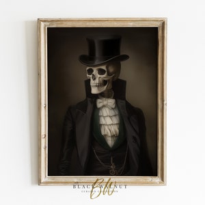 May include: A framed portrait of a skeleton wearing a black top hat, a white bow tie, and a black suit with a green waistcoat. The background is a dark brown colour.