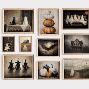 Juego de 10 impresiones de arte de pared de Halloween, pinturas de fantasmas, arte imprimible de brujas, impresión digital de gato negro vintage, arte de calabaza, juego de galería de pared
