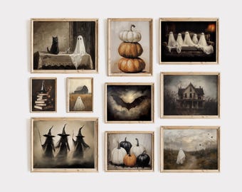 Halloween Wall Art Print Set of 10, Ghost Paintings, Witchy Printable Art, Vintage Black Cat Digital Print, Pumpkin Art, Gallery Wall Set