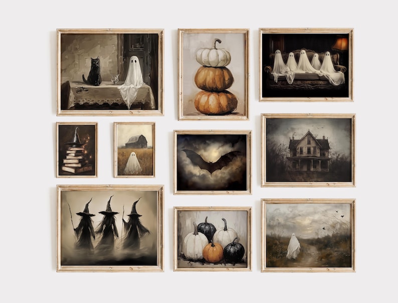 Peut inclure: Un ensemble de dix impressions encadr&eacute;es sur le th&egrave;me d'Halloween repr&eacute;sentant des fant&ocirc;mes, des citrouilles, des chauves-souris, des sorci&egrave;res et une maison hant&eacute;e. Les impressions sont toutes dans un style rustique avec une ambiance vintage.