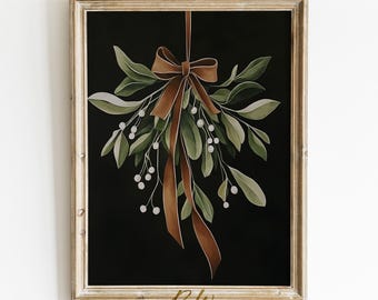 Printable Mistletoe Wall Art, Dark Winter Print, Christmas Holiday Decor, Downloadable Art, Digital Print, Rustic Country Holiday Painting