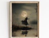 Halloween Witch Wall Art Print, Witchy Decor, Printable Vintage Style Rustic Witch Dancing under Full Moon, Downloadable Art, Digital Print