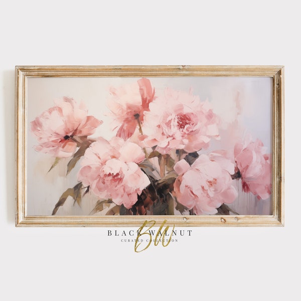 Samsung Frame TV Art Pink Floral Art, Flowers Painting, Vintage Peonies, Digital Download, Blush Pink Flower Bouquet Art for Frame TV