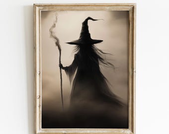 Halloween Witch Wall Art Print, Witchy Digital Print, Moody Printable Vintage Style Rustic Witch, Downloadable Art, Digital Print