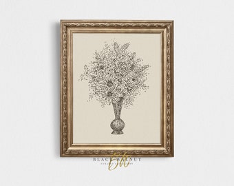 Vintage Bouquet Sketch, Printable Antique Line Art, French County Farmhouse, Vintage Minimal Sketch, Flower Drawing, Printable Wall Art