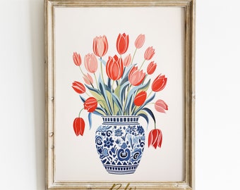 Tulips in a Blue White Vase Digital Print Grandmillennial Aesthetic Maximalist Coquette Room Decor Printable Eclectic Wall Art Gallery Print