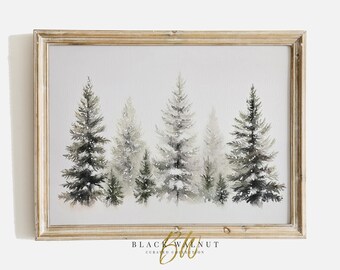 Winter Abstract Christmas Trees Print, Snow Covered Evergreens Painting, Rustic Farmhouse Landscape Wall Art, Printable Digital Download