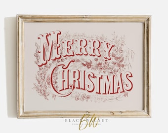Merry Christmas Printable Wall Art, Red Vintage Christmas Sign, Digital Print, Neutral Holiday Decor, Horizontal Wall Art