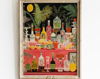 May include: A framed illustration of a bar scene with a pink countertop, various bottles of liquor, glasses, and fruit. The background is black with green plants and a lemon.