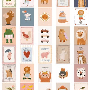 May include: A collection of illustrated cards featuring various animals and objects. The cards have a soft color palette and include a dinosaur, squirrel, horse, mushroom, cheetah, mouse, sun, seal, lion, frog, bird, cars, bear, elephant, and more. Some cards have text.